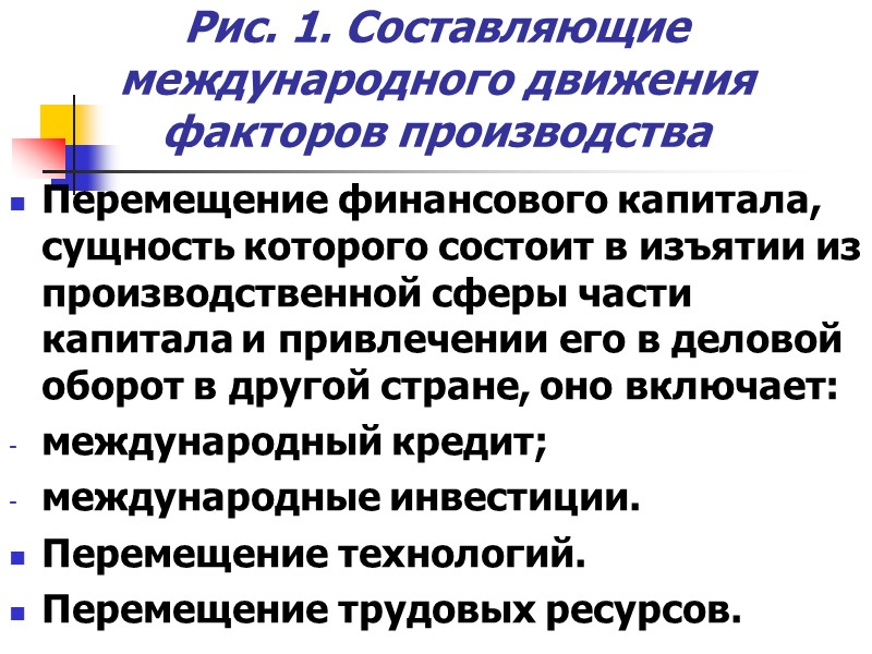 Рис. 1. Составляющие международного движения факторов производства Перемещение финансового капитала, сущность которого состоит в Рис. 1. Составляющие международного движения факторов производства Перемещение финансового капитала, сущность которого состоит в